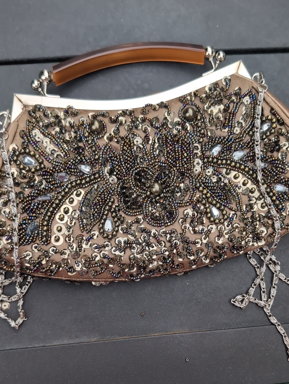 Embellished Taupe Evening Clutch with Detachable Chain - Picture 14 of 14